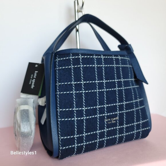 KATE SPADE Knott MEDIUM Denim Check & Leather Crossbody Tote- Indigo Multi⭐ - Picture 3 of 16